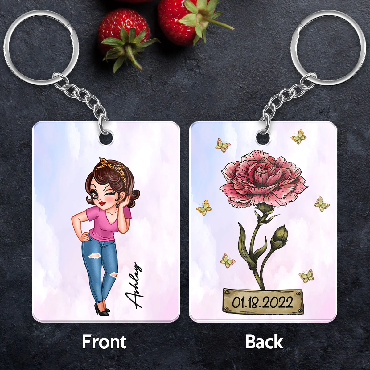 Pretty Woman Custom Character Beautiful Vintage Birth Flower & Name Birthday Gift For Family Friends Personalized Acrylic Keychain - Image 5