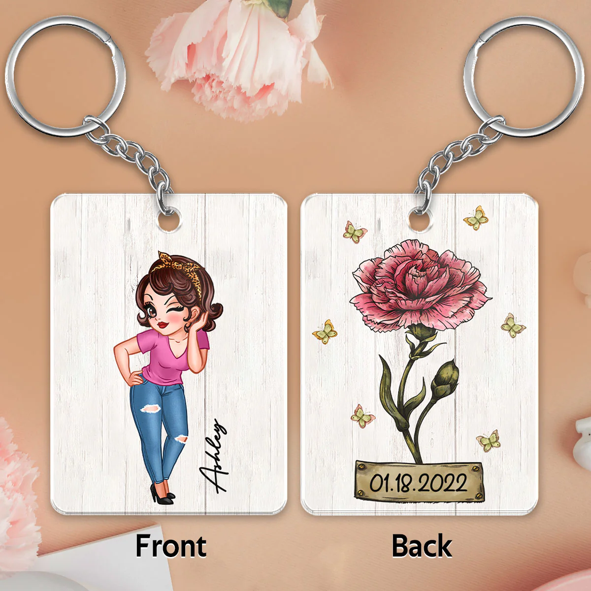Pretty Woman Custom Character Beautiful Vintage Birth Flower & Name Birthday Gift For Family Friends Personalized Acrylic Keychain - Image 6
