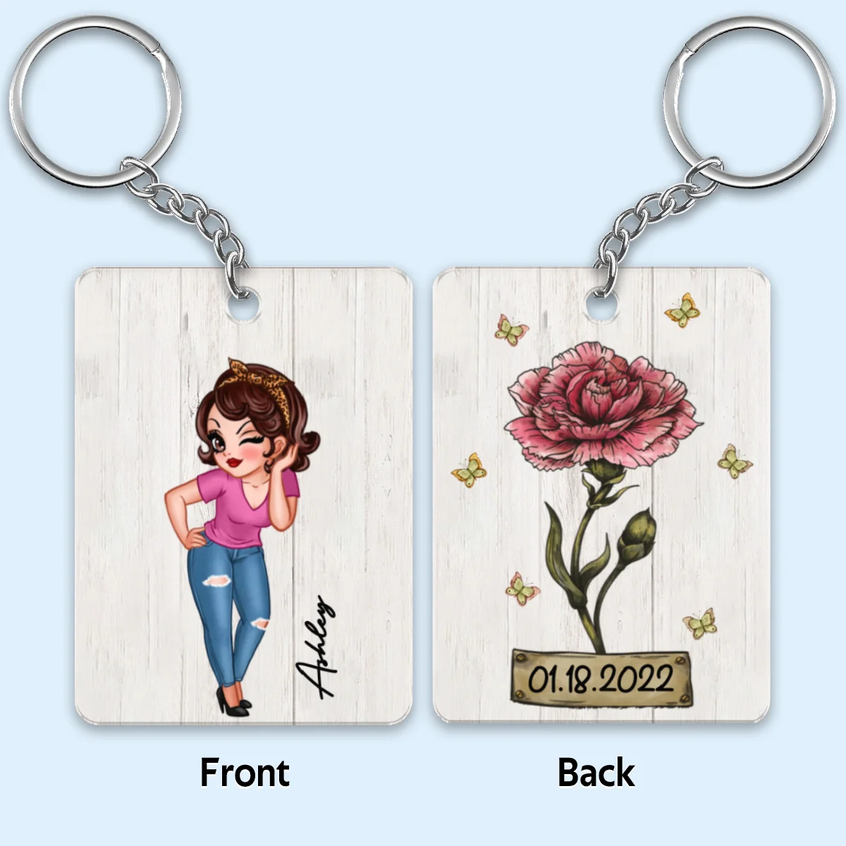 Pretty Woman Custom Character Beautiful Vintage Birth Flower & Name Birthday Gift For Family Friends Personalized Acrylic Keychain - Image 7