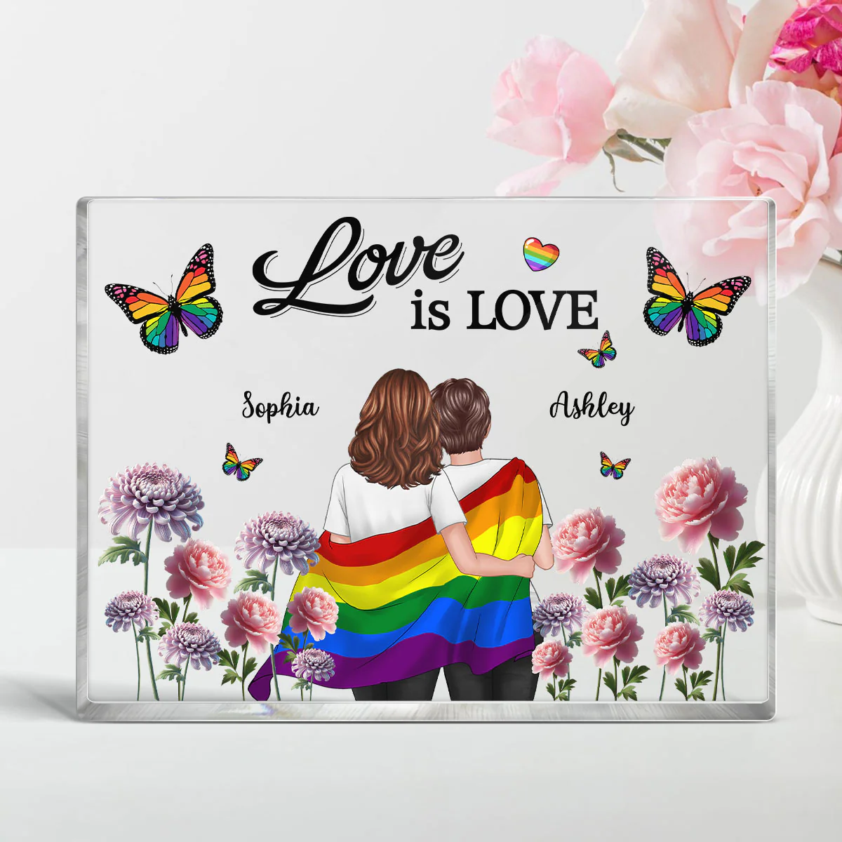 Pride Month LGBT Couple Birth Month Flowers Personalized Rectangle Acrylic Block Plaque, Gift For Couple - Image 3