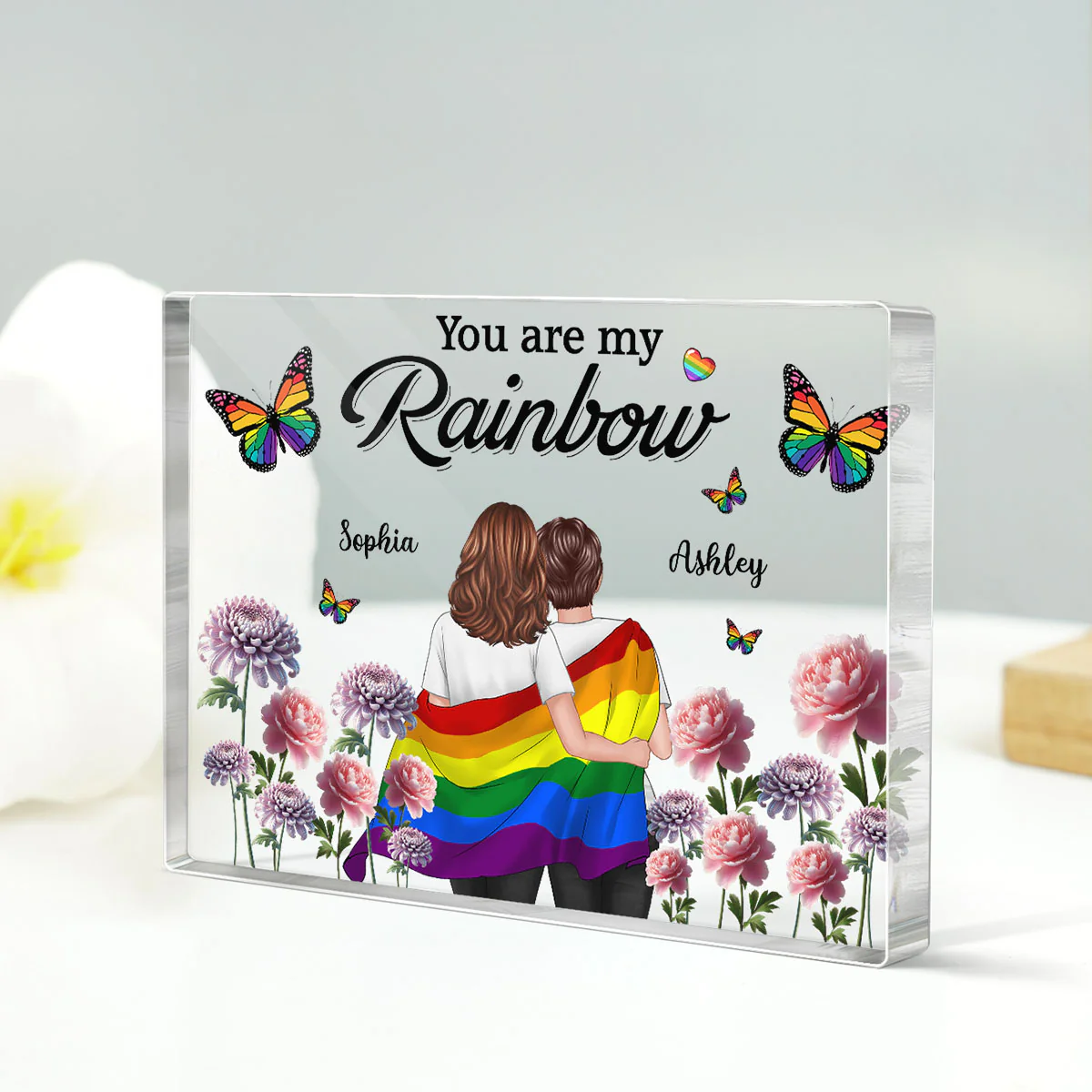 Pride Month LGBT Couple Birth Month Flowers Personalized Rectangle Acrylic Block Plaque, Gift For Couple - Image 4
