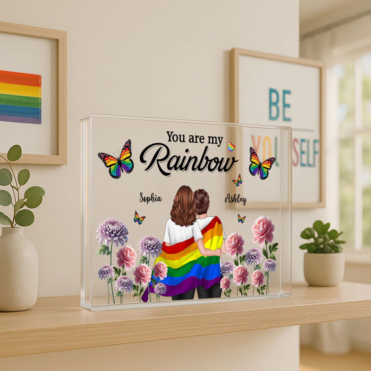 Pride Month LGBT Couple Birth Month Flowers Personalized Rectangle Acrylic Block Plaque, Gift For Couple - Image 8