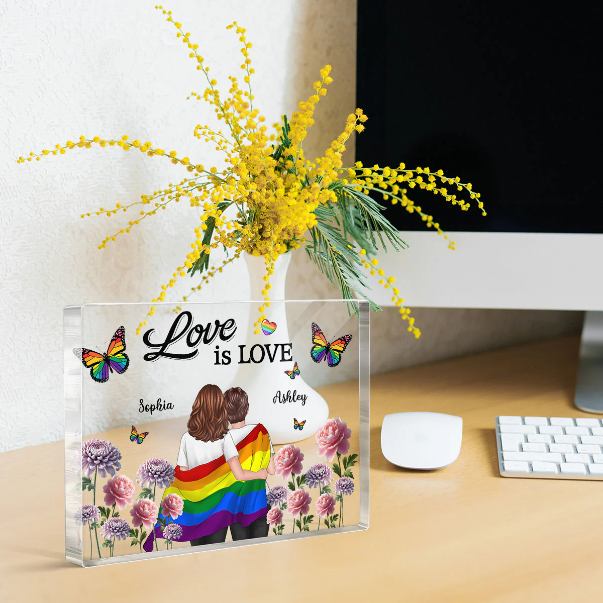 Pride Month LGBT Couple Birth Month Flowers Personalized Rectangle Acrylic Block Plaque, Gift For Couple - Image 9