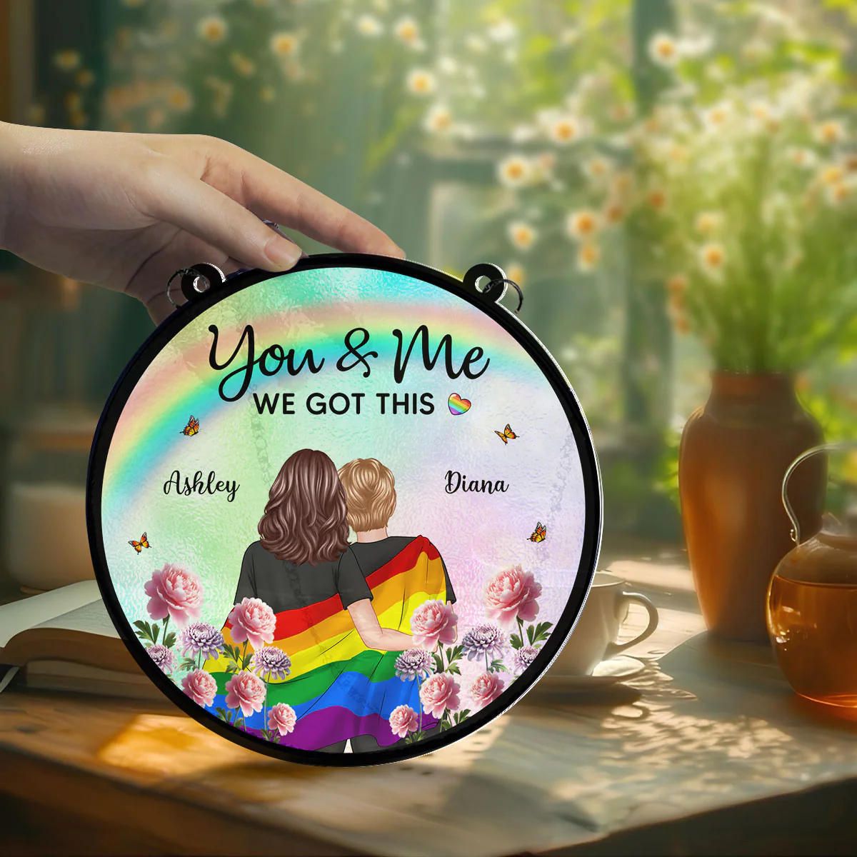 Pride Month LGBT Couple Birth Month Flowers Personalized Suncatcher, Gift For Couple - Image 7