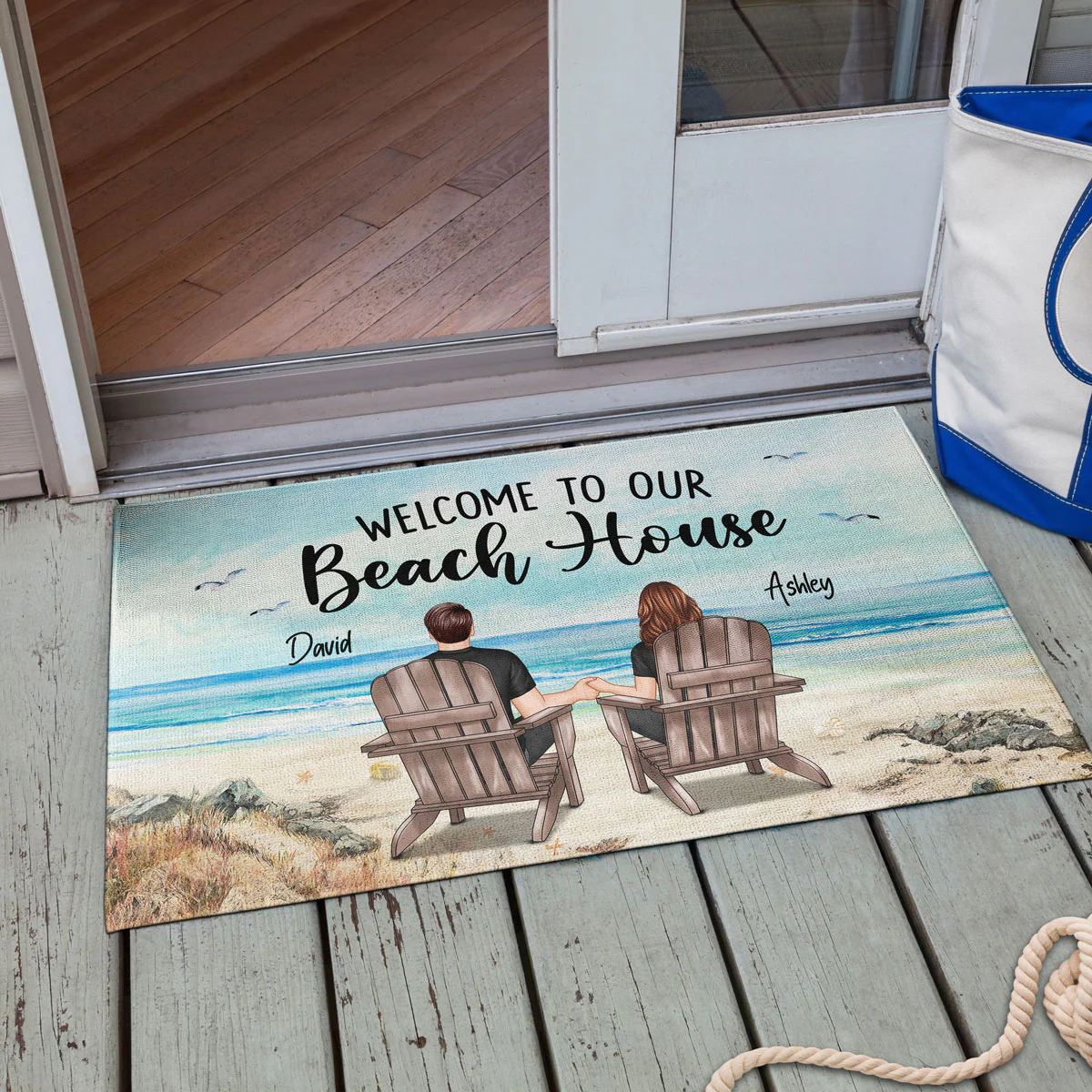 Probably At The Beach Couple Sitting Back View Beach House Gift Personalized Doormat