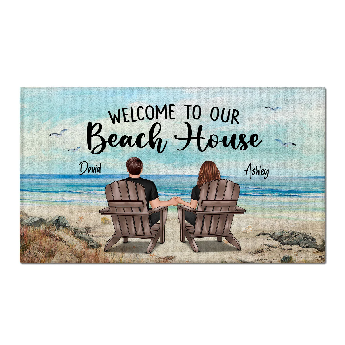 Probably At The Beach Couple Sitting Back View Beach House Gift Personalized Doormat - Image 2