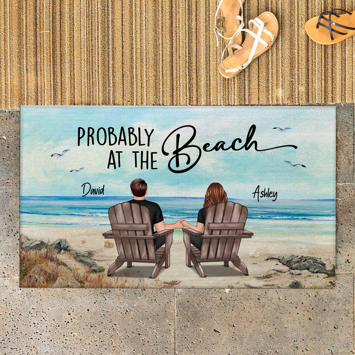 Probably At The Beach Couple Sitting Back View Beach House Gift Personalized Doormat - Image 3