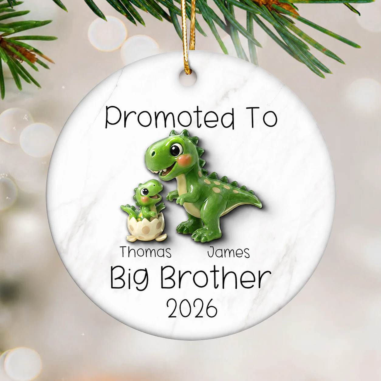 Promoted To Big Brother Big Sister 3D Effect Cute Dinosaurs - Personalized Ceramic Ornament - Proud New Big Sibling Gift