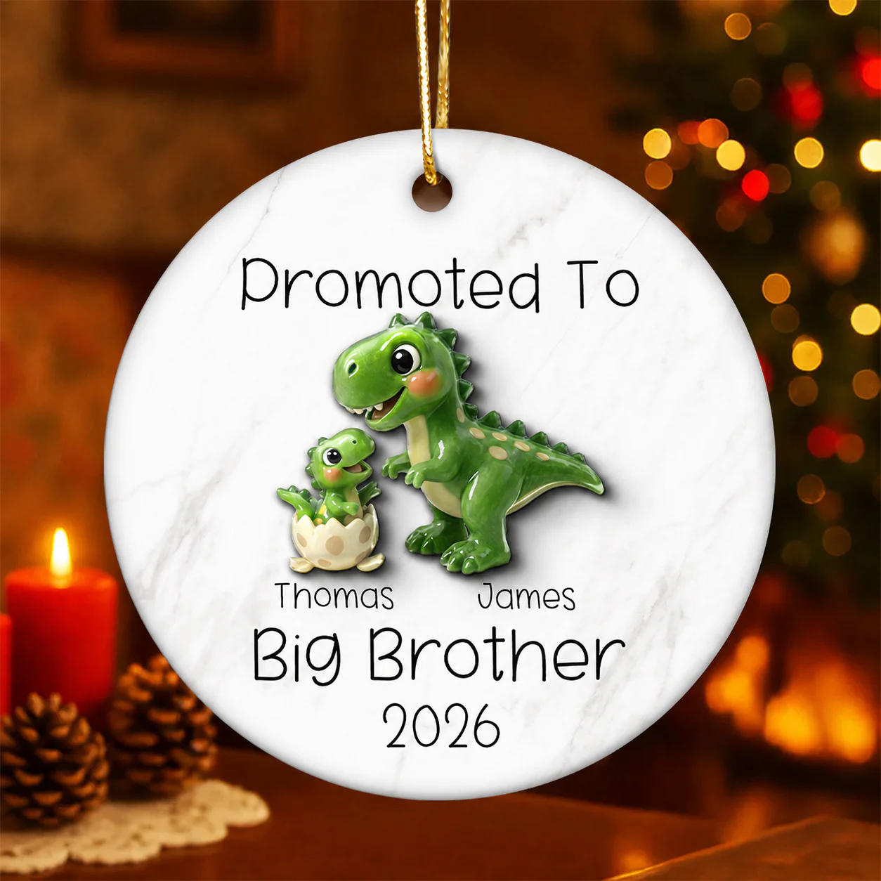 Promoted To Big Brother Big Sister 3D Effect Cute Dinosaurs - Personalized Ceramic Ornament - Proud New Big Sibling Gift - Image 2
