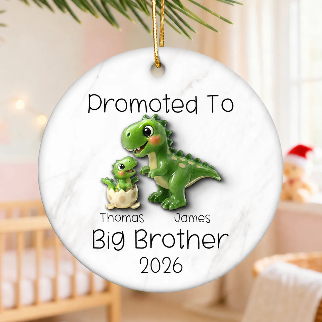 Promoted To Big Brother Big Sister 3D Effect Cute Dinosaurs - Personalized Ceramic Ornament - Proud New Big Sibling Gift - Image 3
