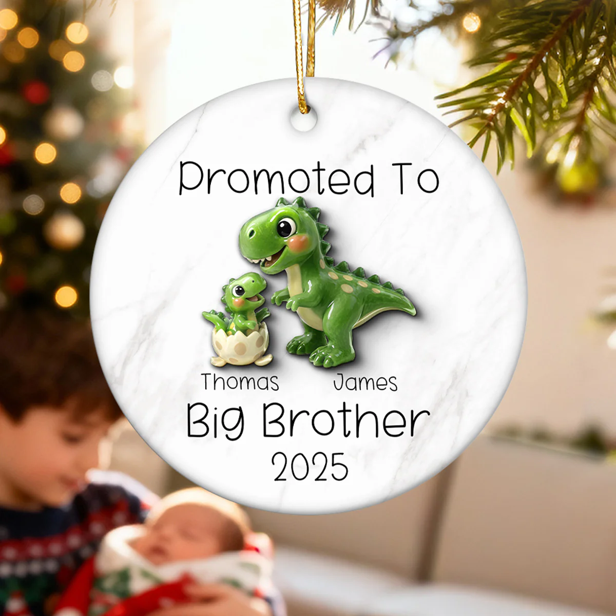 Promoted To Big Brother Big Sister 3D Effect Cute Dinosaurs - Personalized Ceramic Ornament - Proud New Big Sibling Gift - Image 4