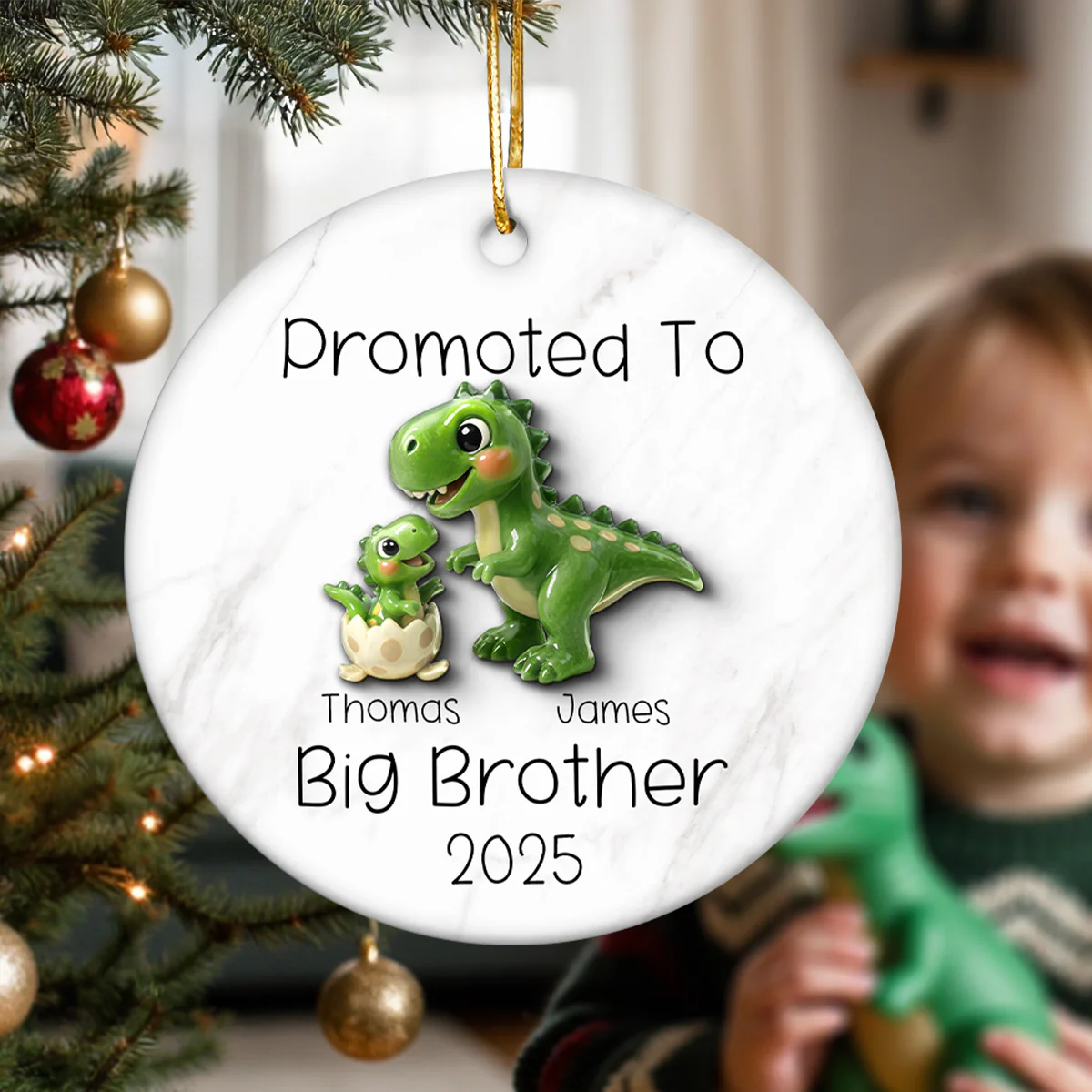 Promoted To Big Brother Big Sister 3D Effect Cute Dinosaurs - Personalized Ceramic Ornament - Proud New Big Sibling Gift - Image 5