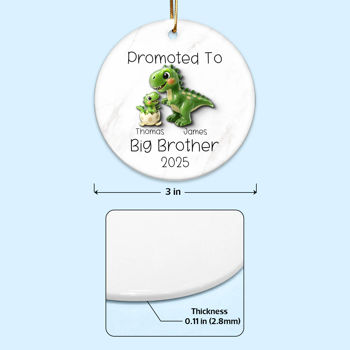 Promoted To Big Brother Big Sister 3D Effect Cute Dinosaurs - Personalized Ceramic Ornament - Proud New Big Sibling Gift - Image 6