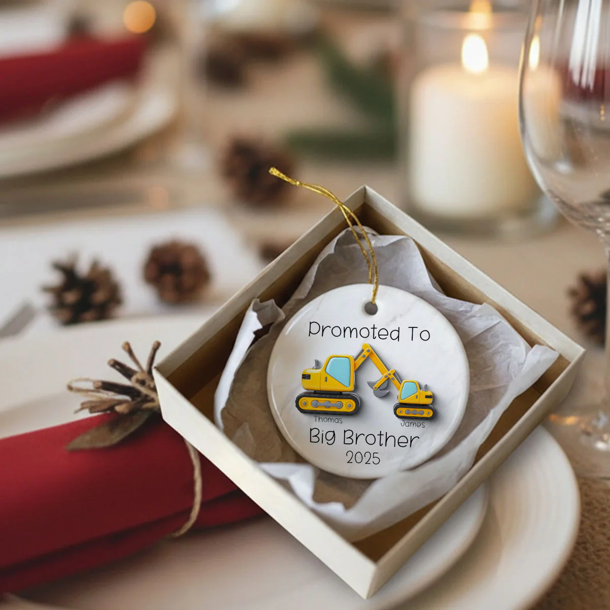 Promoted To Big Brother Big Sister 3D Effect Excavator - Personalized Ceramic Ornament - Proud New Big Siblings Gift - Image 3