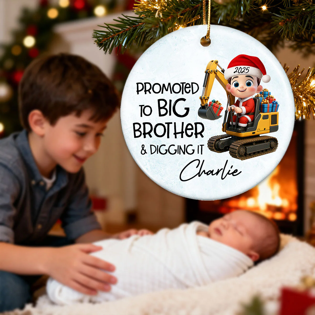 Promoted To Big Brother & Digging It Kid Driving Excavator - Personalized Ceramic Ornament - Proud New Big Brother Gift - Image 10