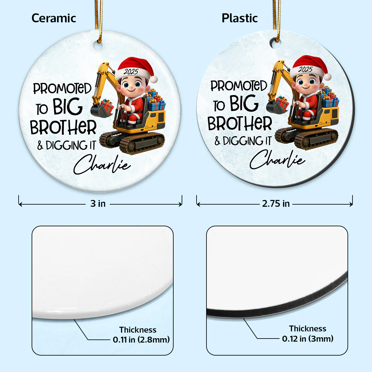 Promoted To Big Brother & Digging It Kid Driving Excavator - Personalized Ceramic Ornament - Proud New Big Brother Gift - Image 11