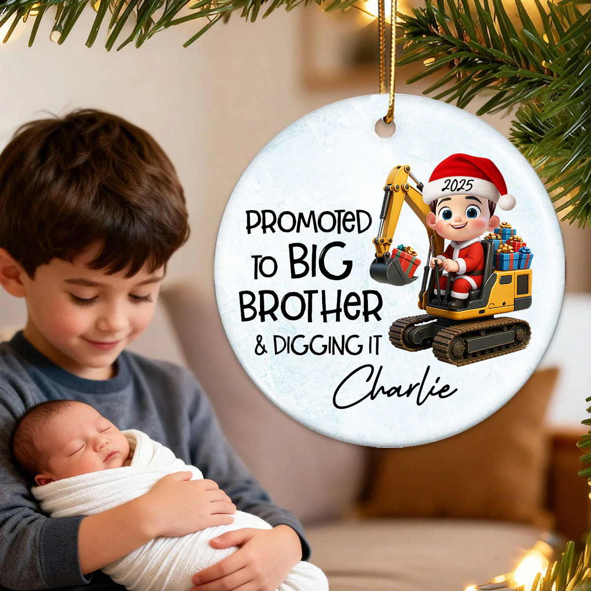 Promoted To Big Brother & Digging It Kid Driving Excavator - Personalized Ceramic Ornament - Proud New Big Brother Gift - Image 2