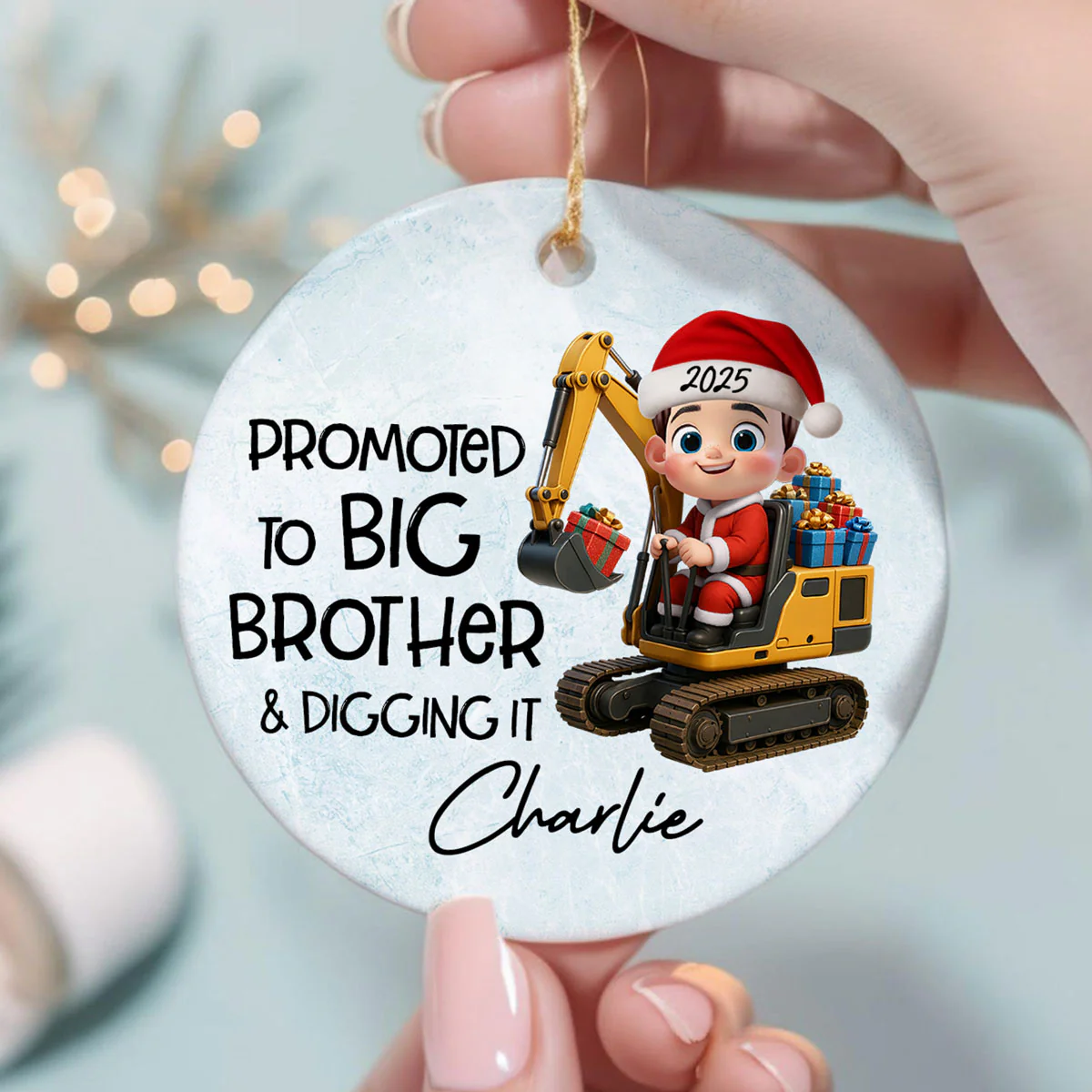 Promoted To Big Brother & Digging It Kid Driving Excavator - Personalized Ceramic Ornament - Proud New Big Brother Gift - Image 3
