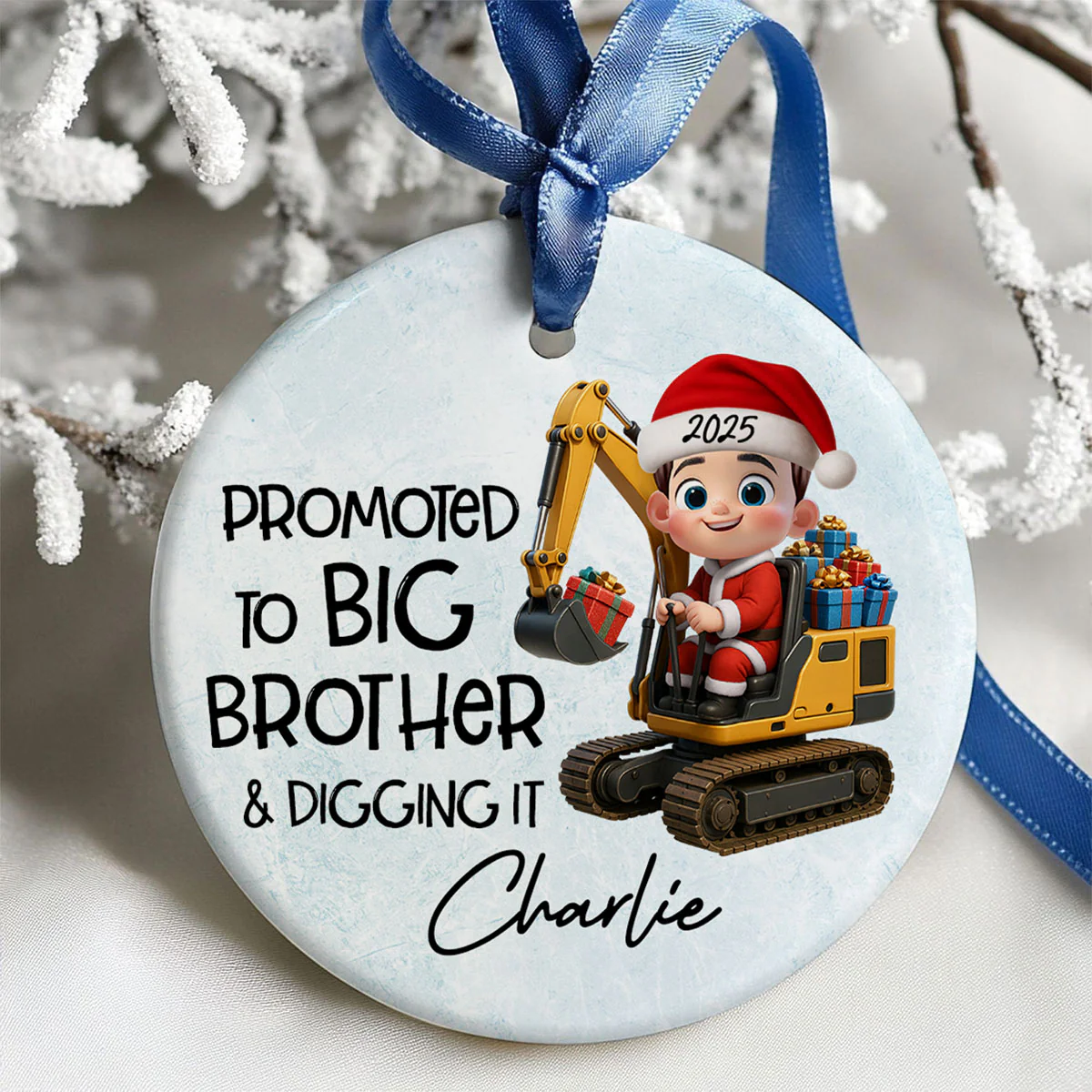 Promoted To Big Brother & Digging It Kid Driving Excavator - Personalized Ceramic Ornament - Proud New Big Brother Gift - Image 4