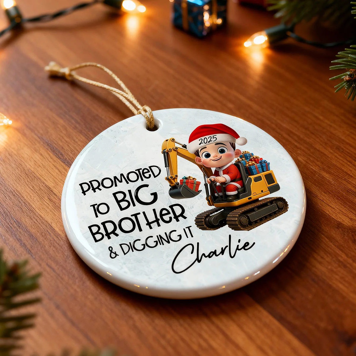 Promoted To Big Brother & Digging It Kid Driving Excavator - Personalized Ceramic Ornament - Proud New Big Brother Gift - Image 6