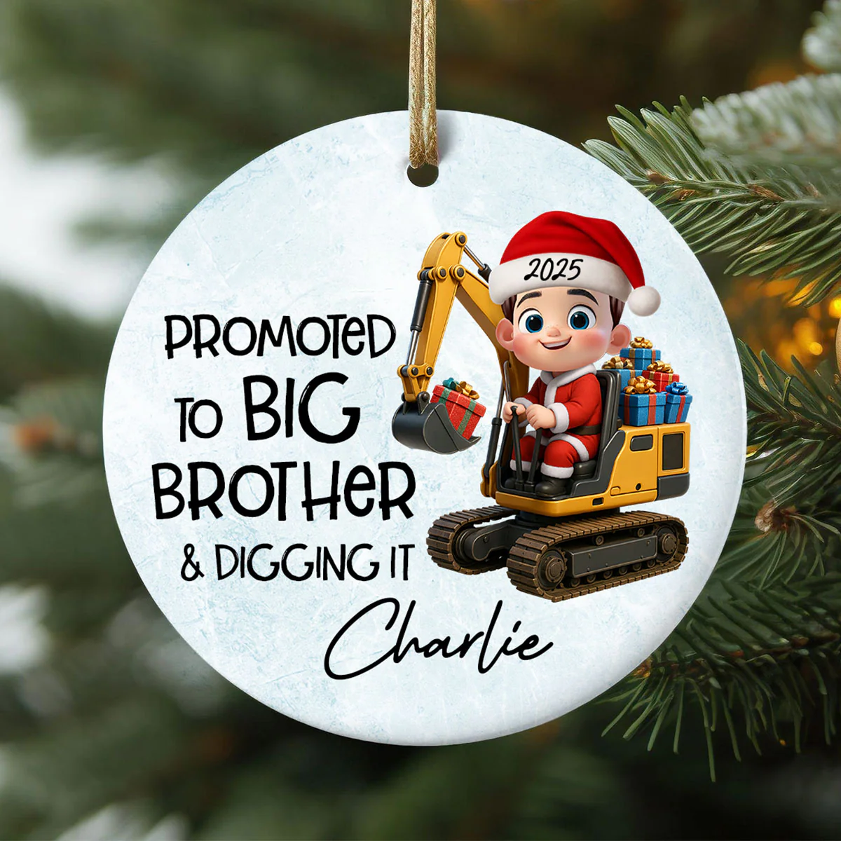 Promoted To Big Brother & Digging It Kid Driving Excavator - Personalized Ceramic Ornament - Proud New Big Brother Gift - Image 8