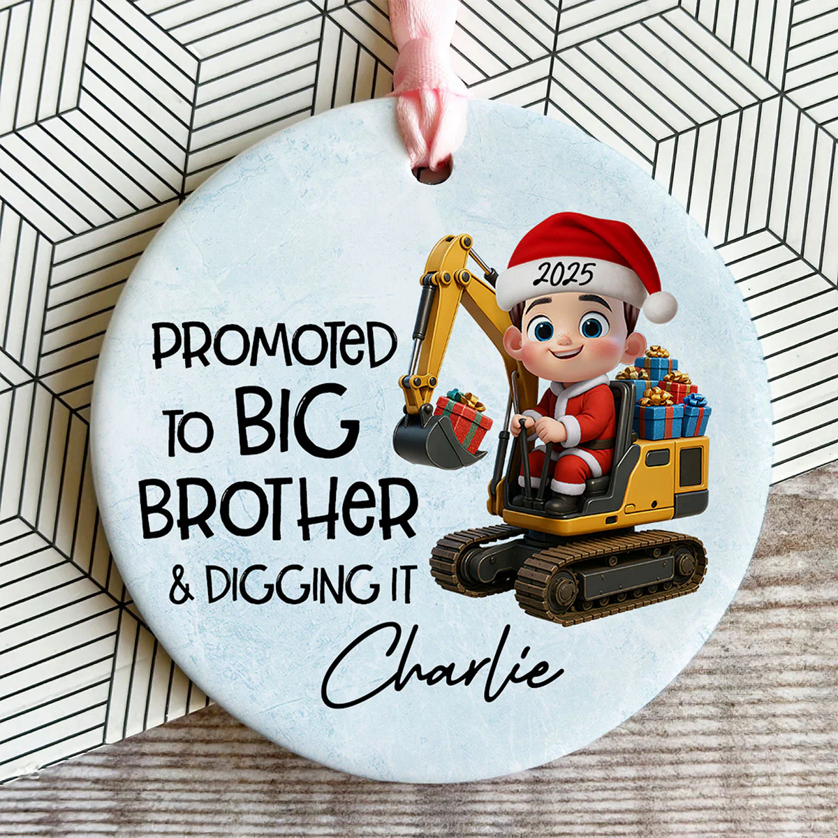 Promoted To Big Brother & Digging It Kid Driving Excavator - Personalized Ceramic Ornament - Proud New Big Brother Gift - Image 9