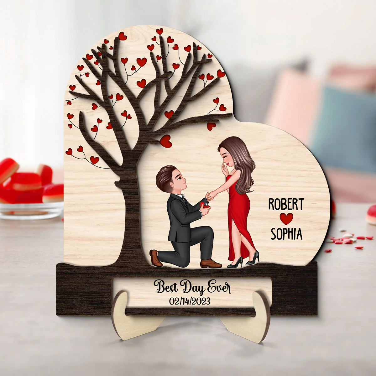 Proposal Couple Under Heart Tree Personalized 2-layer Wooden Plaque - Image 2
