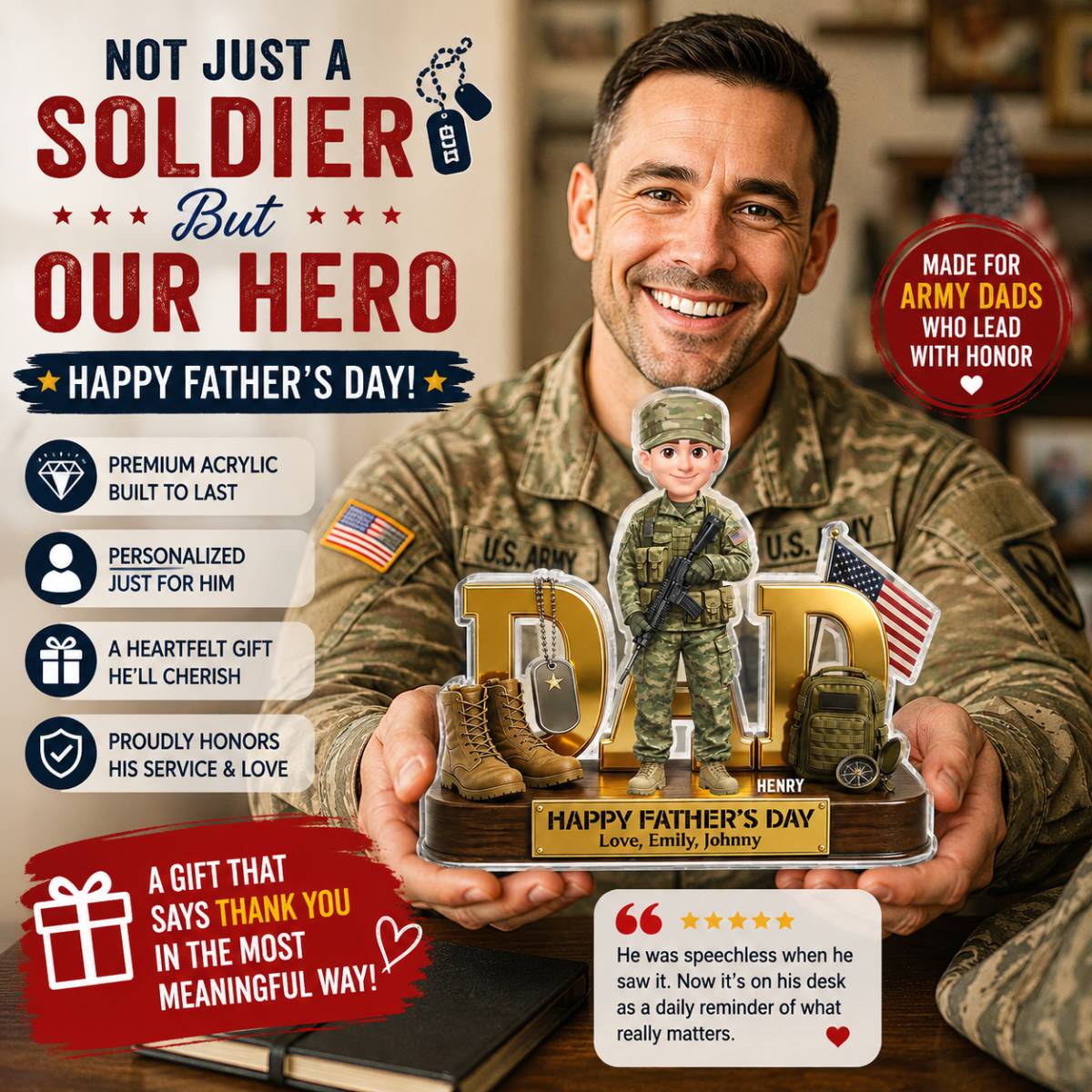 Proud American Military Armed Force Hero Dad 2D Flat - Personalized Acrylic Block Plaque -  Unique Trending  Gift For Dad, Husband - Image 6