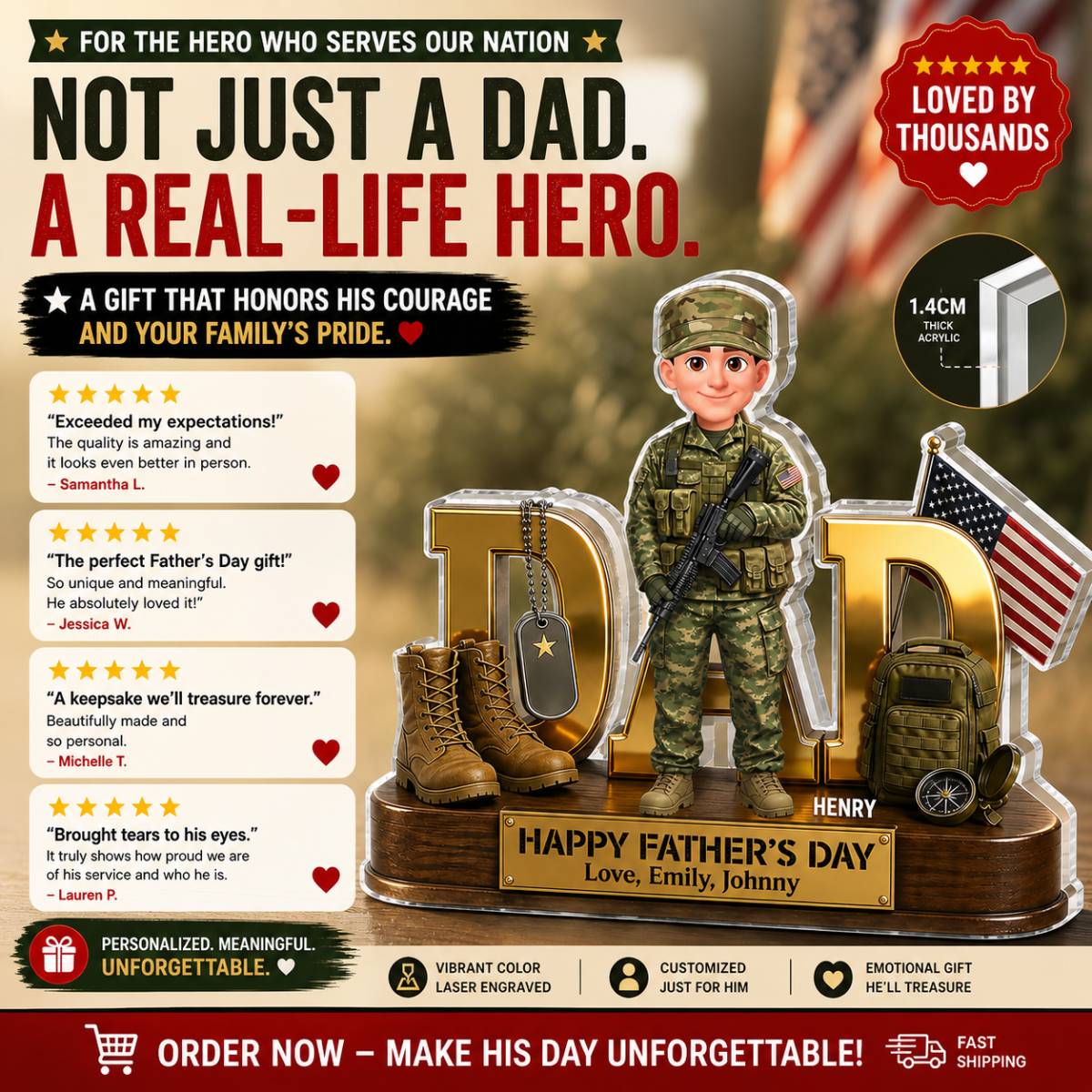 Proud American Military Armed Force Hero Dad 2D Flat - Personalized Acrylic Block Plaque -  Unique Trending  Gift For Dad, Husband - Image 8