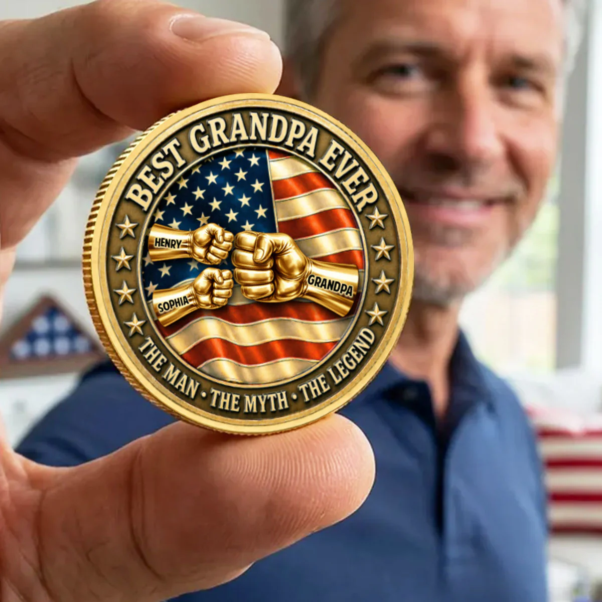 Proud American Best Dad Grandpa Ever Fist Bump - Personalized Commemorative Keepsake Coin - Father's Day Gift For Dad - Image 2