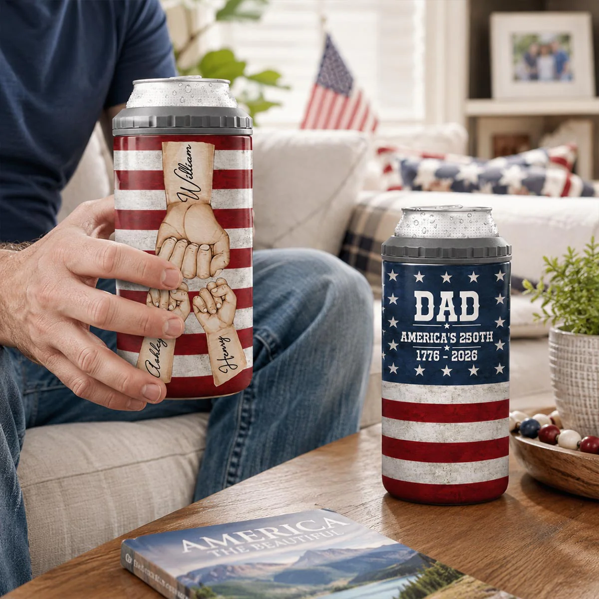 Proud American Dad Grandpa & Kids Fist Bumps - Personalized 4-in-1 Can Cooler - 4th Of July, American 250th Anniversary Gift For Patriotic Dad, Grandpa - Image 3