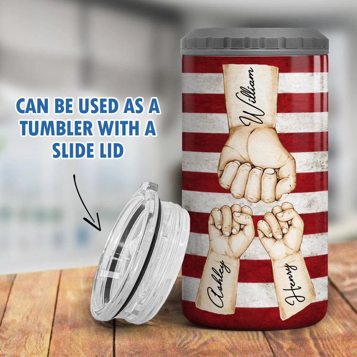 Proud American Dad Grandpa & Kids Fist Bumps - Personalized 4-in-1 Can Cooler - 4th Of July, American 250th Anniversary Gift For Patriotic Dad, Grandpa - Image 7