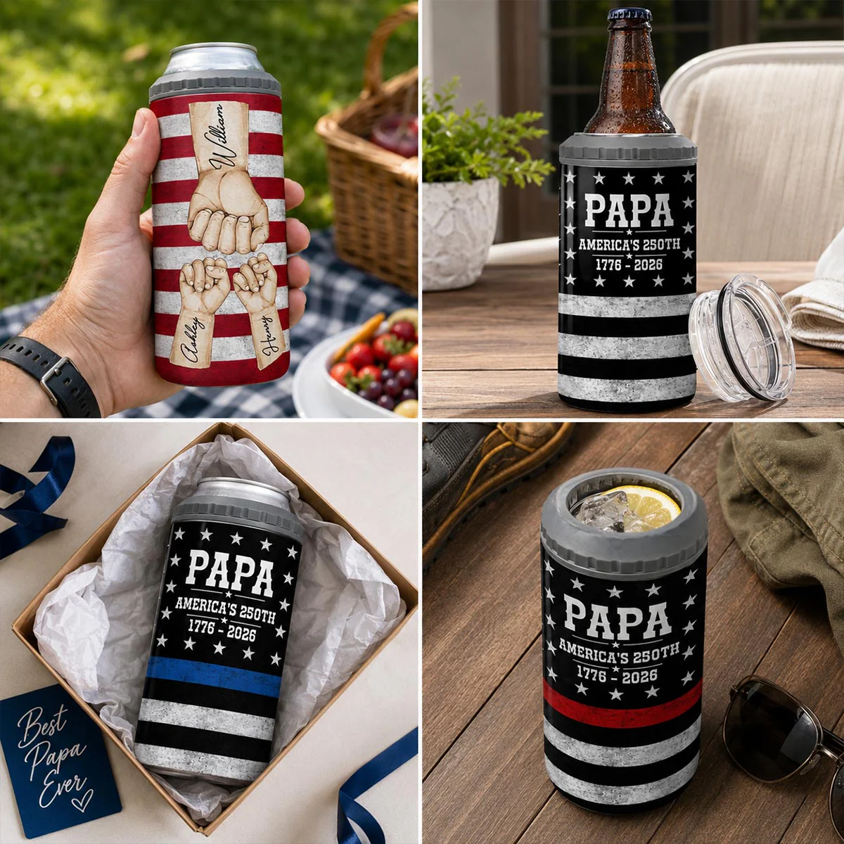 Proud American Dad Grandpa & Kids Fist Bumps - Personalized 4-in-1 Can Cooler - 4th Of July, American 250th Anniversary Gift For Patriotic Dad, Grandpa - Image 8