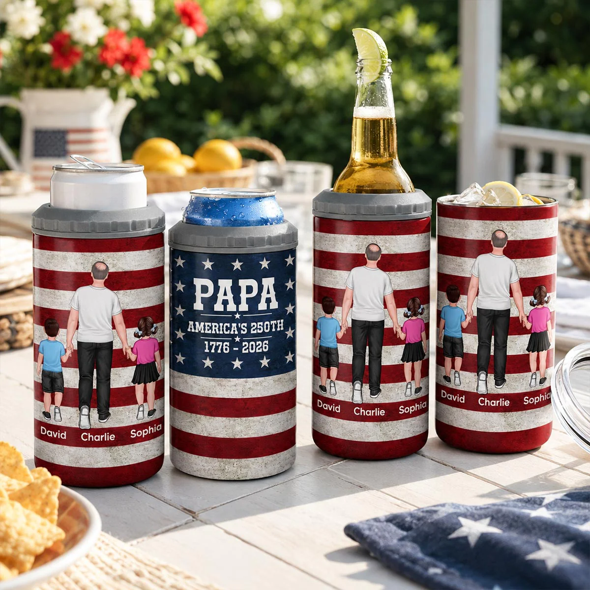 Proud American Dad Grandpa Walking With Kids - Personalized 4-in-1 Can Cooler - 4th Of July, American 250th Anniversary Gift For Patriotic Dad, Grandpa - Image 10