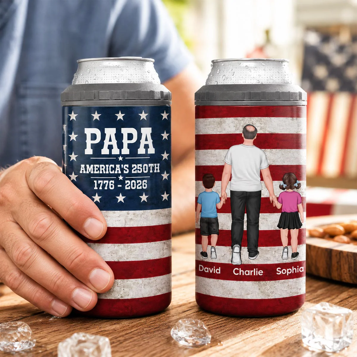 Proud American Dad Grandpa Walking With Kids - Personalized 4-in-1 Can Cooler - 4th Of July, American 250th Anniversary Gift For Patriotic Dad, Grandpa - Image 4