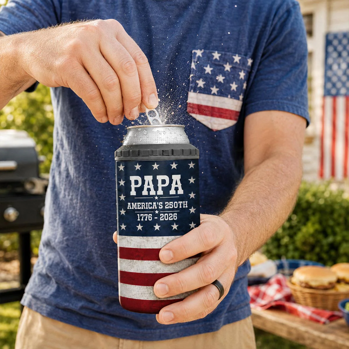 Proud American Dad Grandpa Walking With Kids - Personalized 4-in-1 Can Cooler - 4th Of July, American 250th Anniversary Gift For Patriotic Dad, Grandpa - Image 5