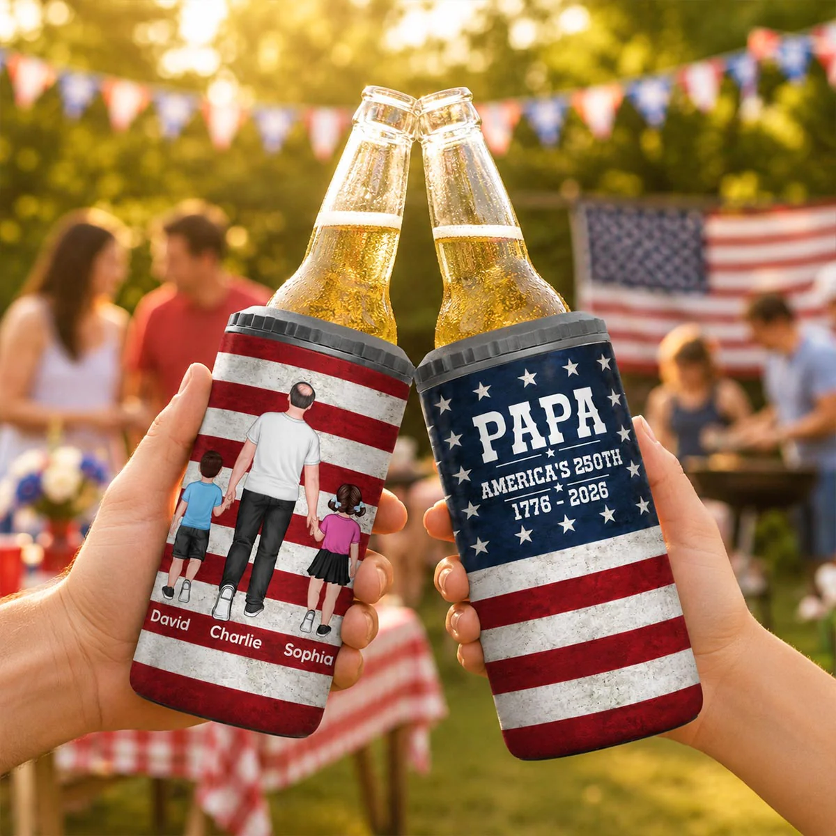 Proud American Dad Grandpa Walking With Kids - Personalized 4-in-1 Can Cooler - 4th Of July, American 250th Anniversary Gift For Patriotic Dad, Grandpa - Image 6