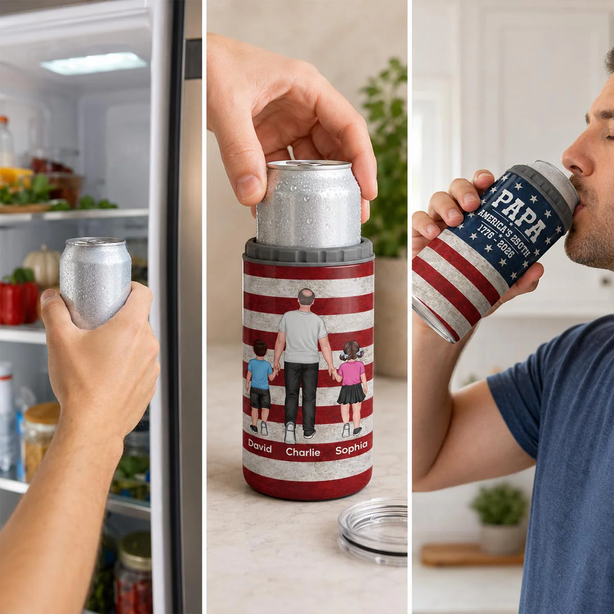 Proud American Dad Grandpa Walking With Kids - Personalized 4-in-1 Can Cooler - 4th Of July, American 250th Anniversary Gift For Patriotic Dad, Grandpa - Image 9