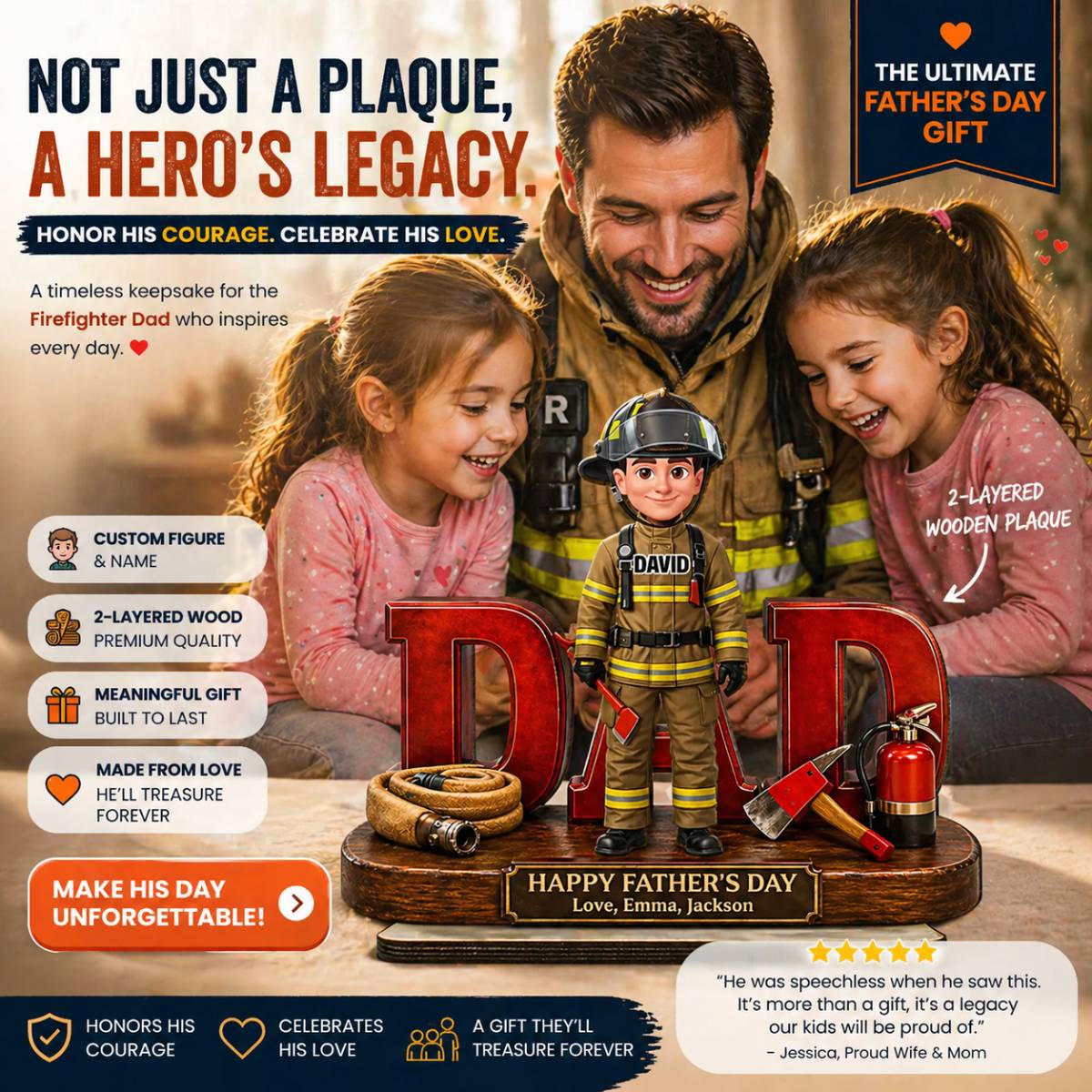 Proud American Firefighter Dad - Personalized 2-Layered Wooden Plaque - Gift For Dad - Image 3