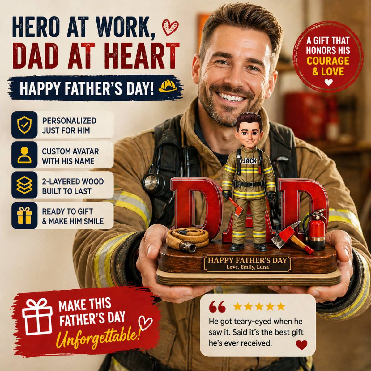 Proud American Firefighter Dad - Personalized 2-Layered Wooden Plaque - Gift For Dad - Image 4
