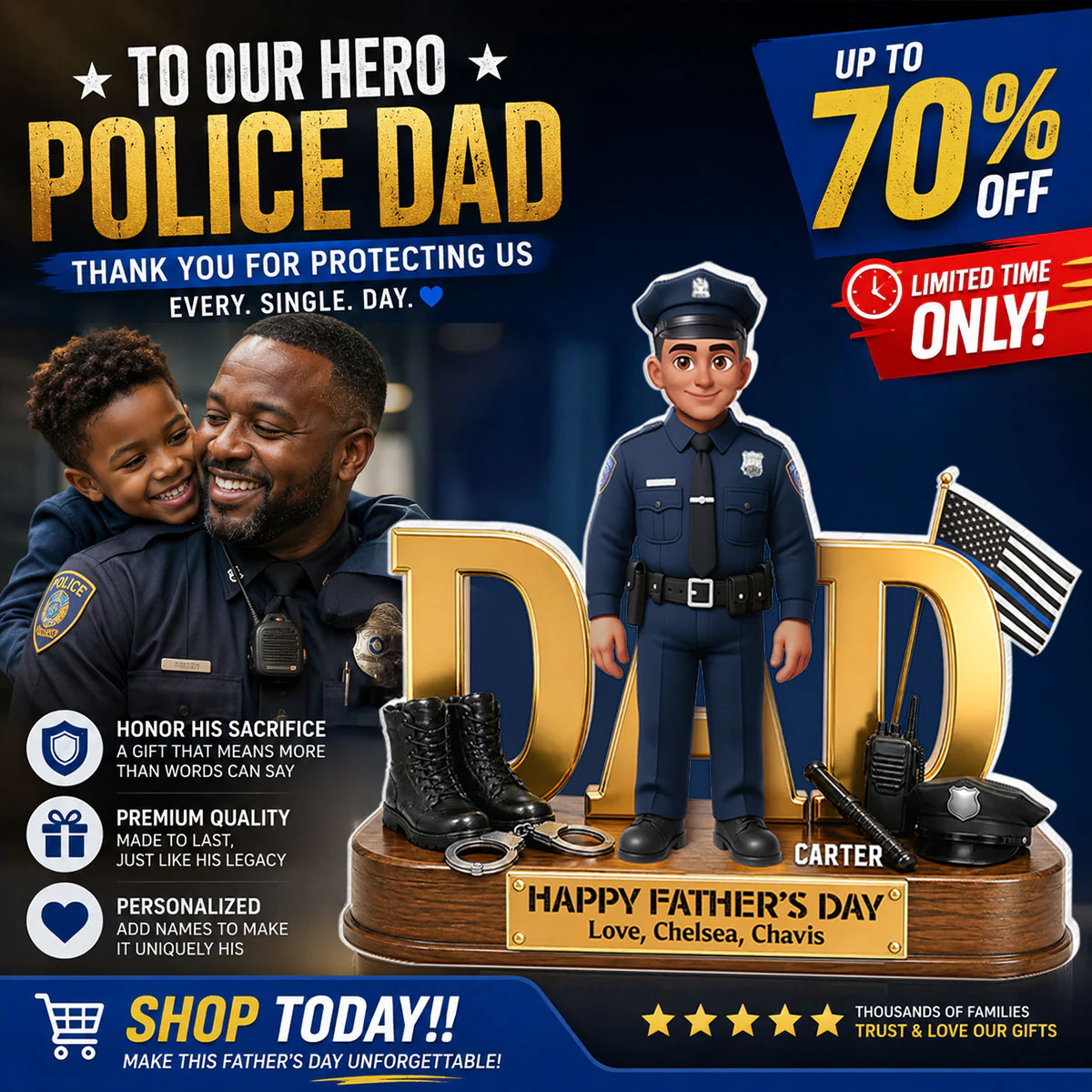 Proud American Police Dad You Are Our Hero Thin Blue Line 2D Flat - Personalized Acrylic Block Plaque -  Gift For Dad - Image 2