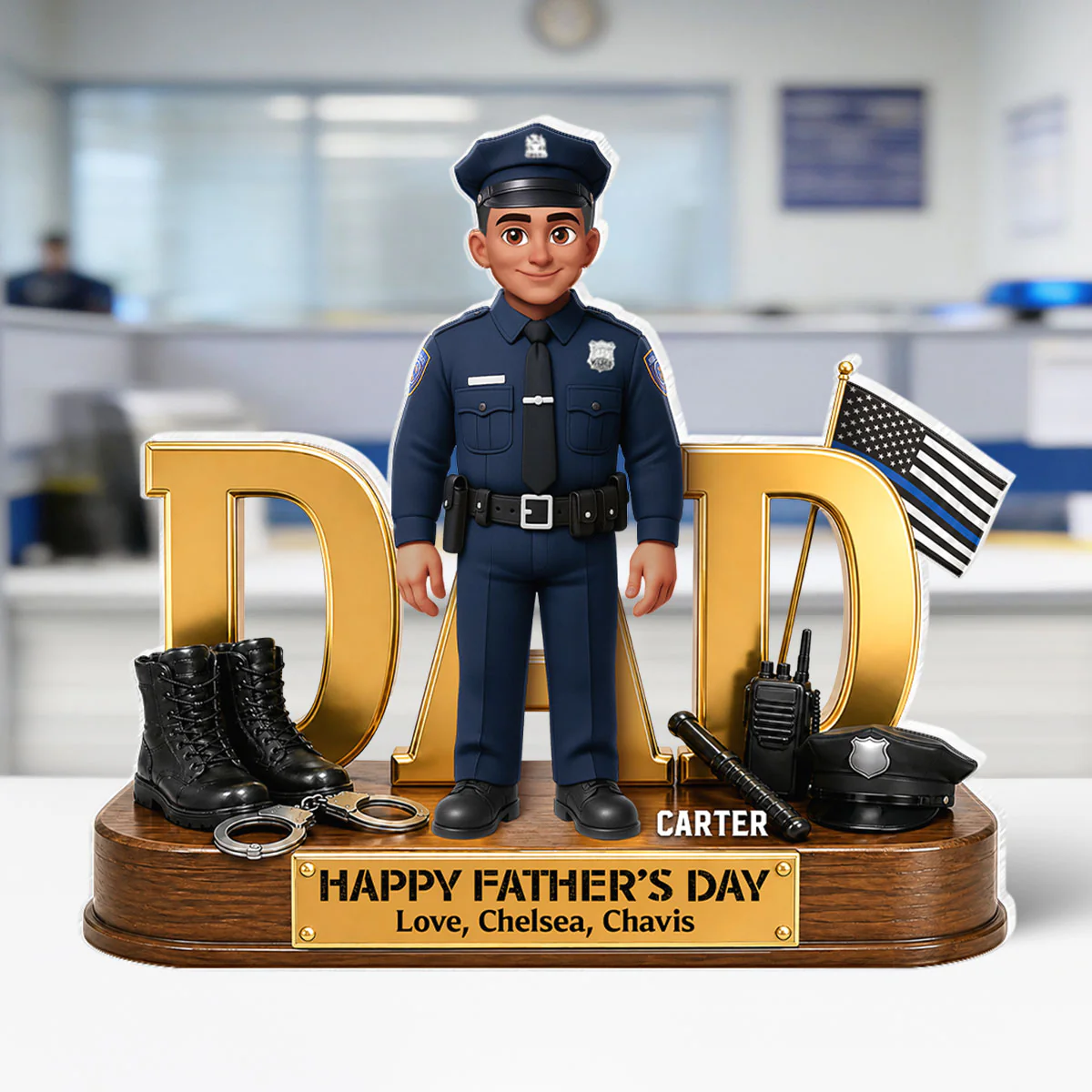 Proud American Police Dad You Are Our Hero Thin Blue Line 2D Flat - Personalized Acrylic Block Plaque -  Gift For Dad - Image 5