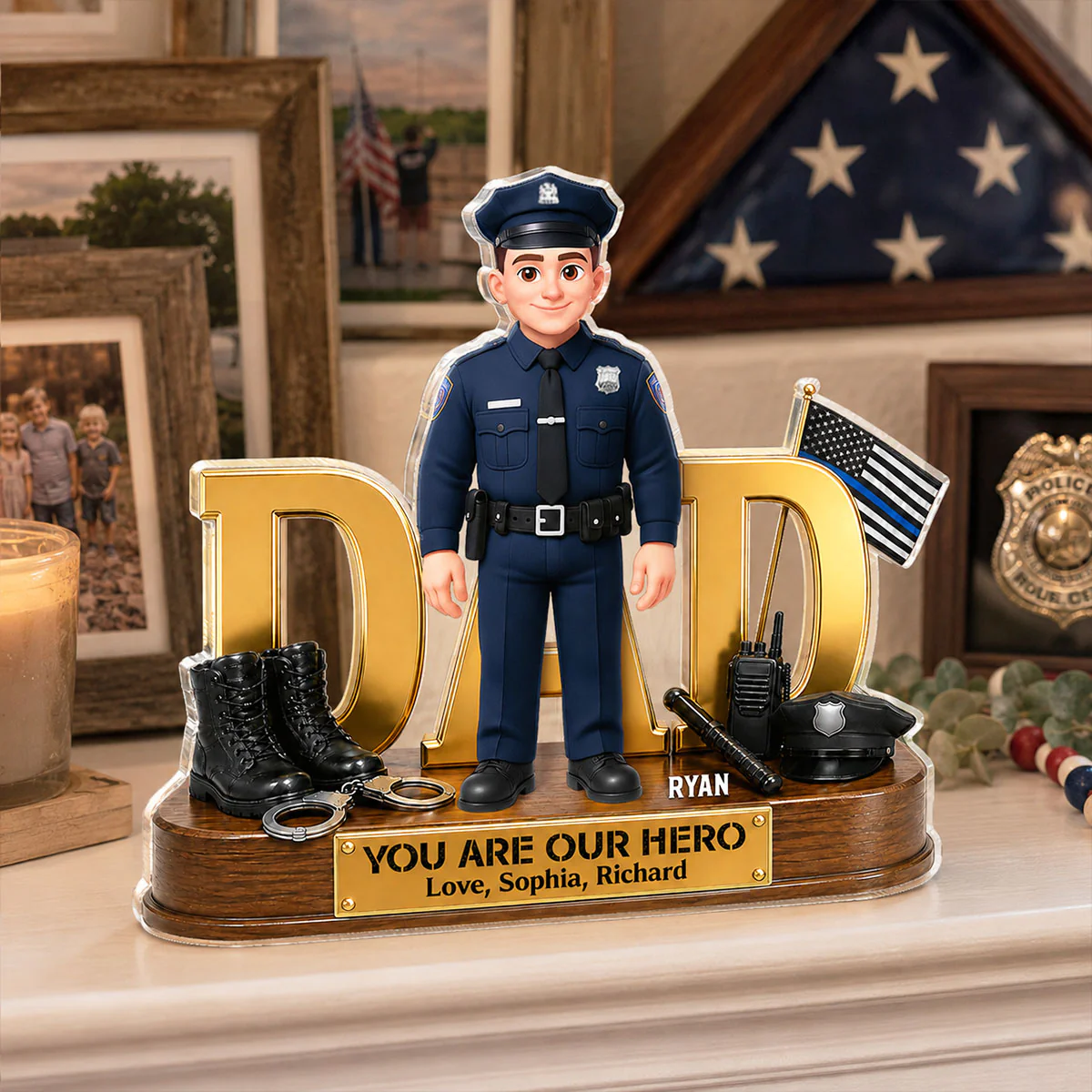 Proud American Police Dad You Are Our Hero Thin Blue Line 2D Flat - Personalized Acrylic Block Plaque - Gift For Dad - Image 6