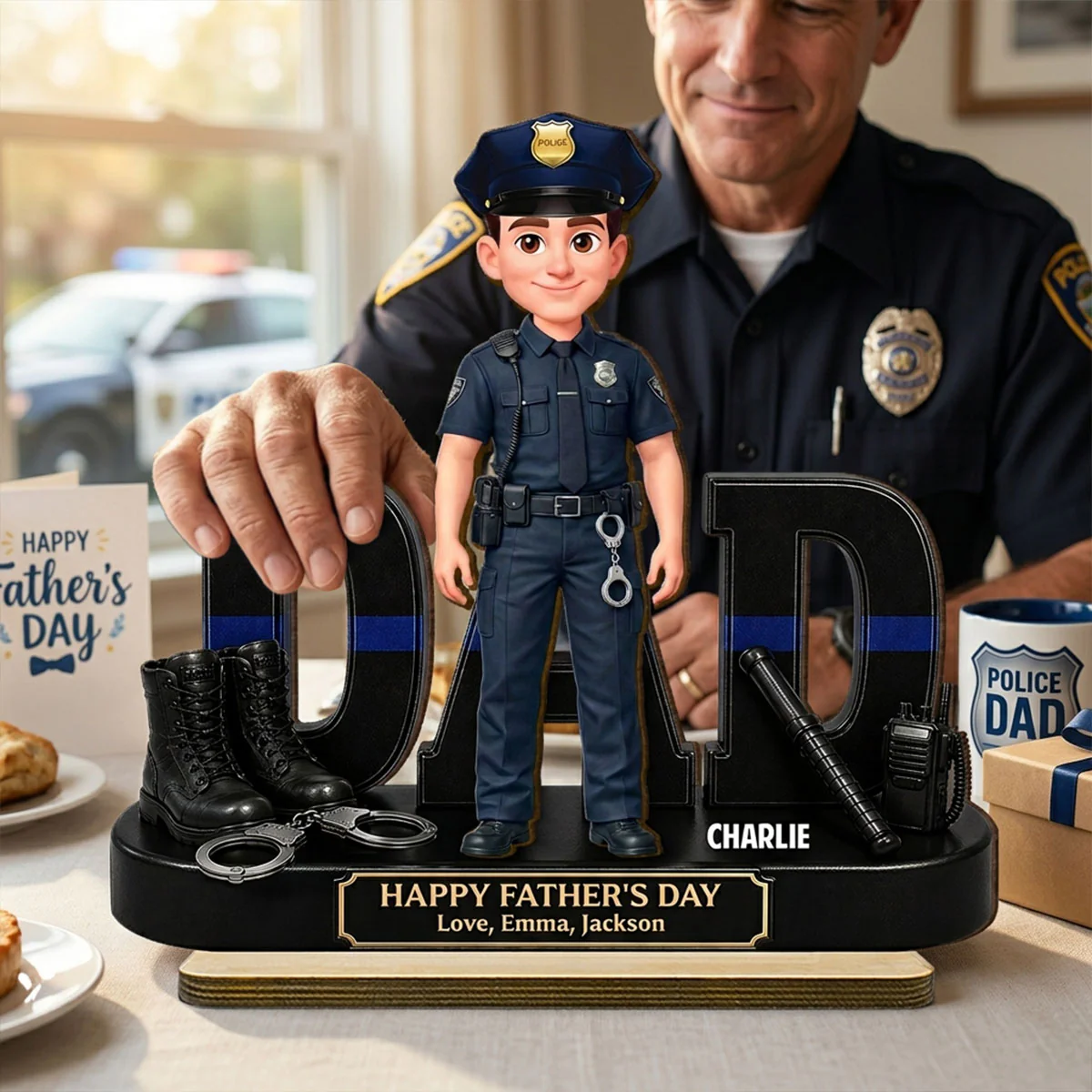 Proud American Police Officer Dad - Personalized 2-Layered Wooden Plaque - Gift For Dad - Image 3