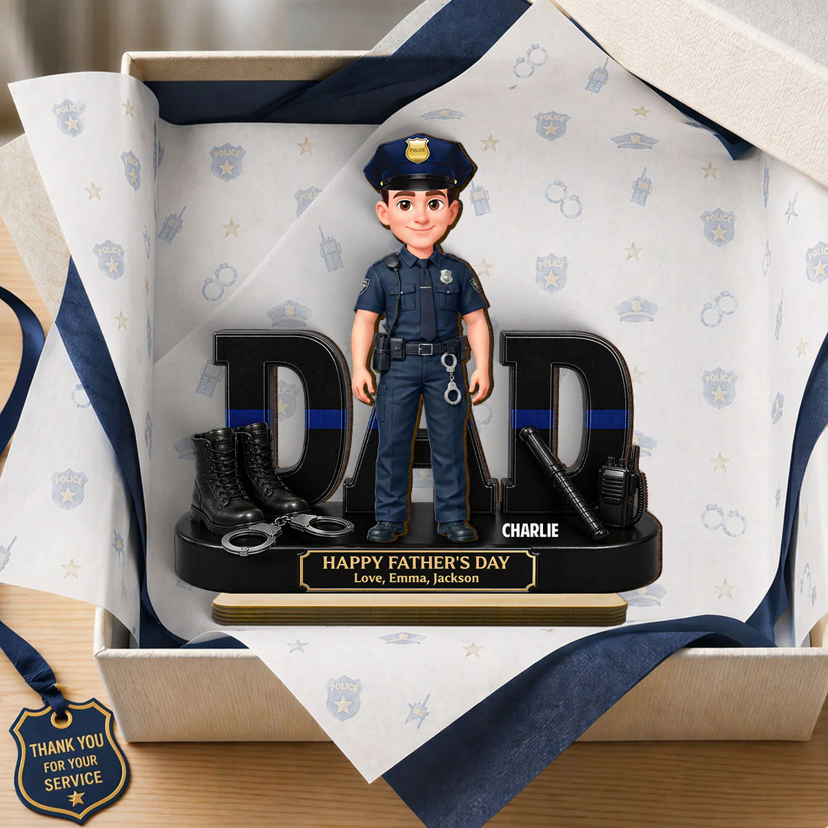 Proud American Police Officer Dad - Personalized 2-Layered Wooden Plaque - Gift For Dad - Image 4
