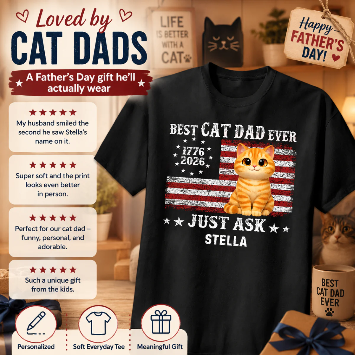 Proud Best Cat Dad Ever Nation Flag 250th Anniversary - Personalized Shirt - Father's Day Gift For Cat Dad, Cat Lovers - Image 7