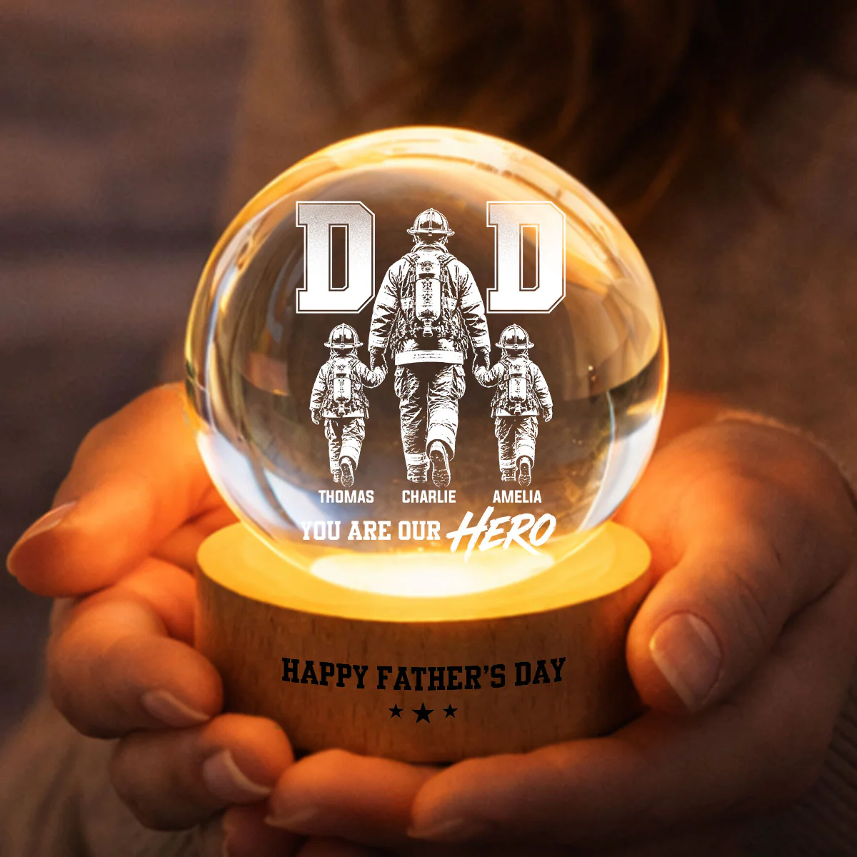 Proud Firefighter Dad You Are Our Hero - Personalized Crystal Ball LED Night Light -  Gift For Dad, Husband - Image 8