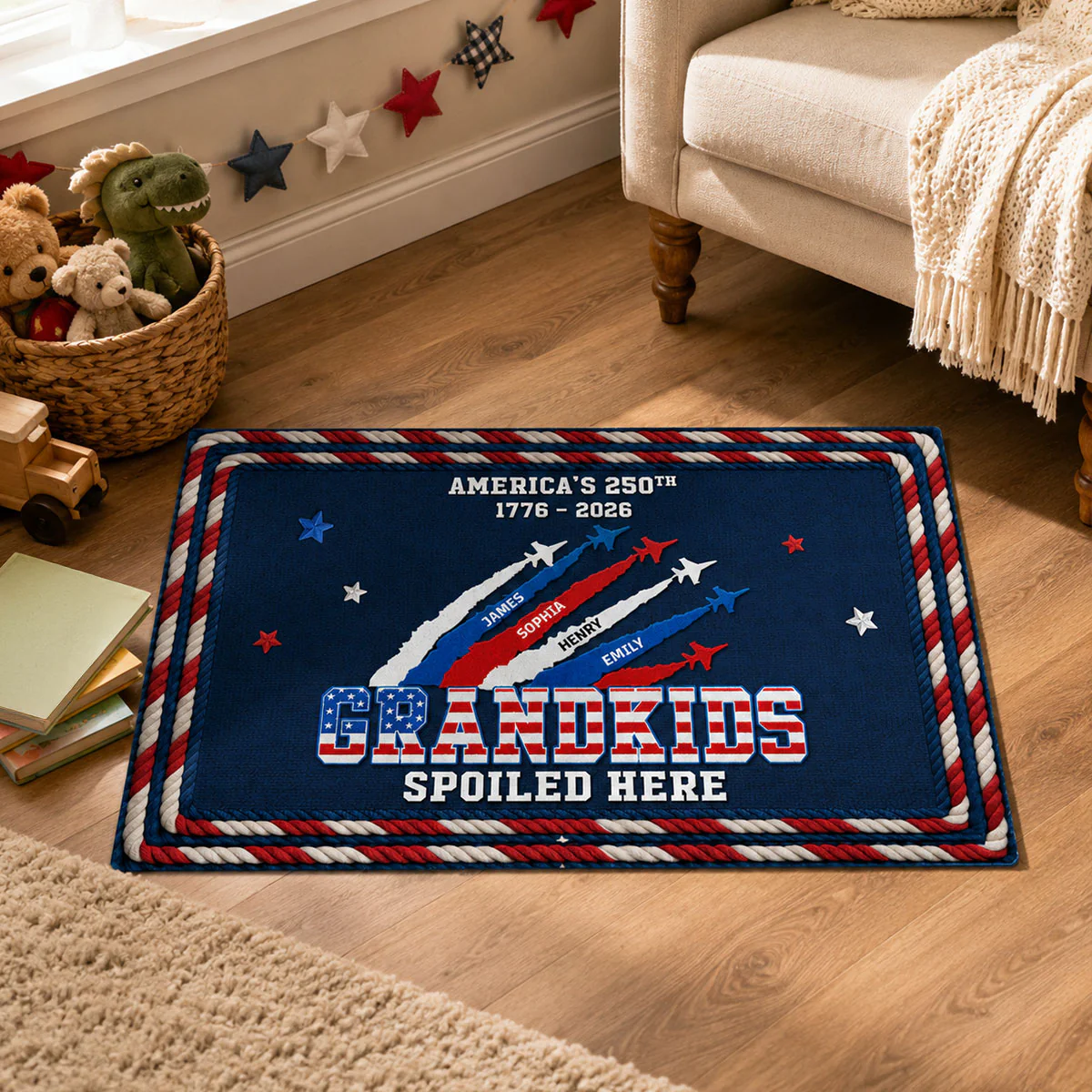 Proud Grandkids Spoiled Here American 250th Anniversary Faux Yarn Texture - Personalized Doormat - 250 Years Of Freedom Decoration, Gift For Grandparents - Image 5