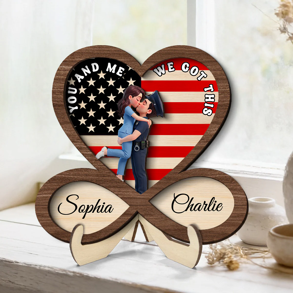 Proud Hero Couple Infinity Nation Flag Heart - Personalized 2-Layered Wooden Plaque - Valentine's Day Gift For Couple, For Him, For Her, Nurse, Police, Firefighter, Army - Image 2