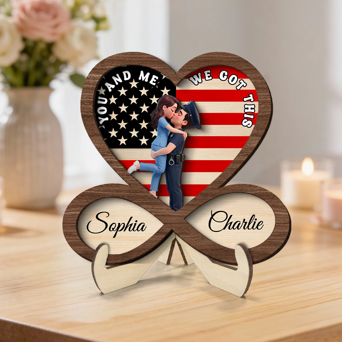 Proud Hero Couple Infinity Nation Flag Heart - Personalized 2-Layered Wooden Plaque - Valentine's Day Gift For Couple, For Him, For Her, Nurse, Police, Firefighter, Army - Image 3
